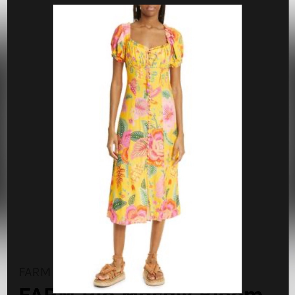 FARM Rio Macaw Bloom Puff Sleeve Sundress in Macaw Bloom Yellow SIZE XS